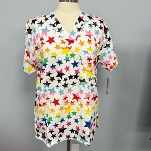 NWT Buttersoft Rainbow Stars Scrub Top Unisex M Cotton Scrubs Nurse CNA uniform